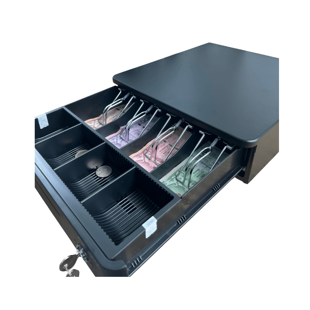 ลิ้นชักเก็บเงิน EASYPRINT รุ่น CD-330 สีดำ 4 ช่องธนบัตรขนาดใหญ่ 4 ช่องเหรียญ RJ11 12/24V